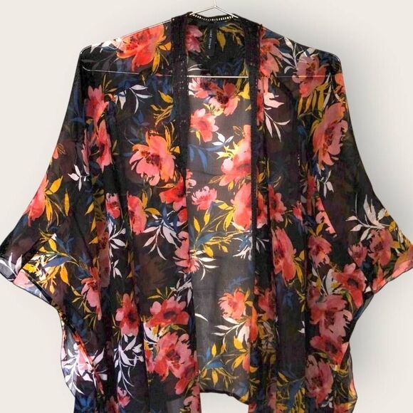 Lane Bryant Semi Sheer Swimsuit‎ Cover Up Crochet Tropical Floral Black Beachy - Picture 8 of 9